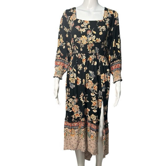 Angie Dresses & Skirts - ANGIE Women’s Black Midi Dress Sz L Flowy Boho Floral High Low Smocked Slit